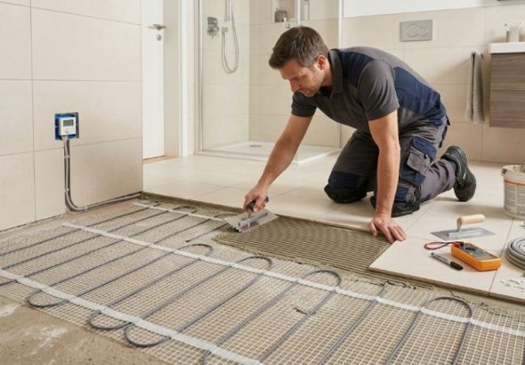 A person installs an electric underfloor heating system beneath tiles.