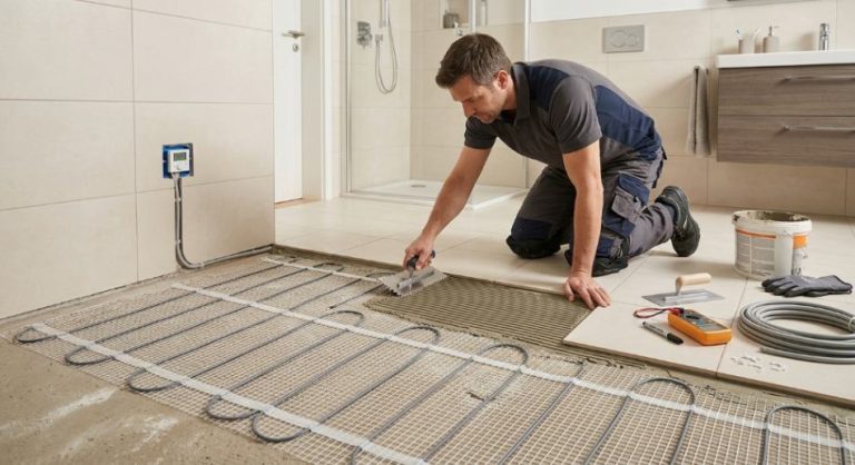 A person installs an electric underfloor heating system beneath tiles.
