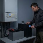 Майстер перевіряє ДБЖ із акумулятором для газового котла.