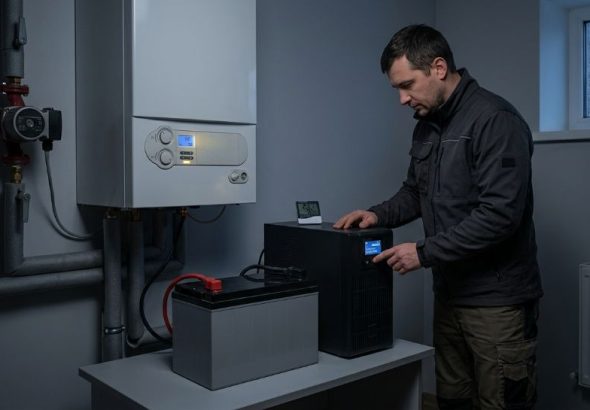 Майстер перевіряє ДБЖ із акумулятором для газового котла.
