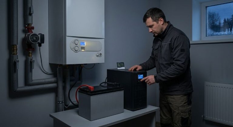 Майстер перевіряє ДБЖ із акумулятором для газового котла.