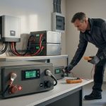 Технік перевіряє акумулятор LiFePO4 мультиметром у технічному приміщенні.