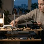 Жінка підключає Wi-Fi роутер до павербанка під час відключення світла.