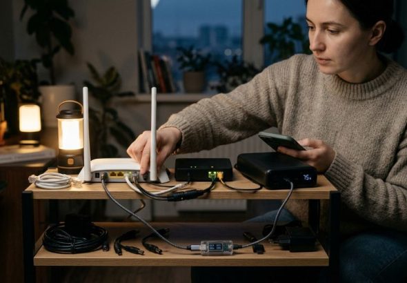 Жінка підключає Wi-Fi роутер до павербанка під час відключення світла.