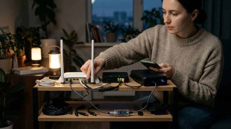Жінка підключає Wi-Fi роутер до павербанка під час відключення світла.